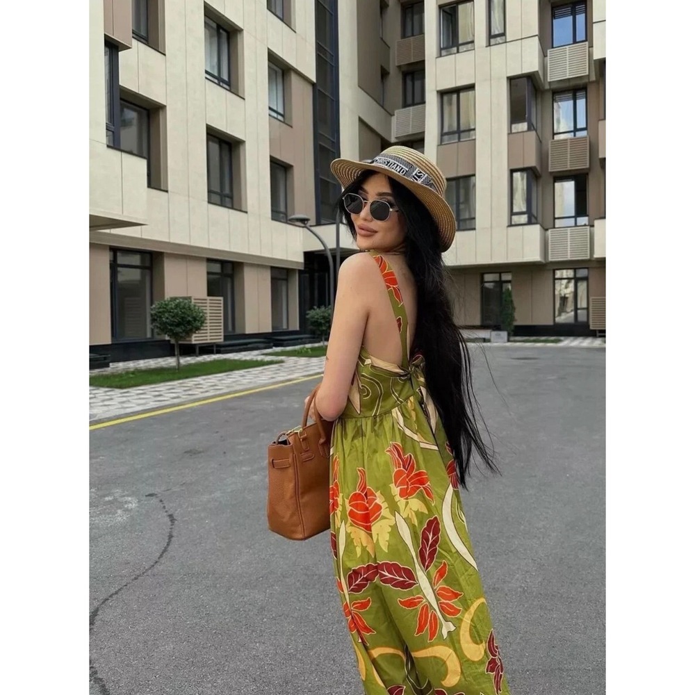 Zara Floral Midi Dress Medium Green Tropical Cotton V-Back Sleeveless New tie up - Picture 14 of 16